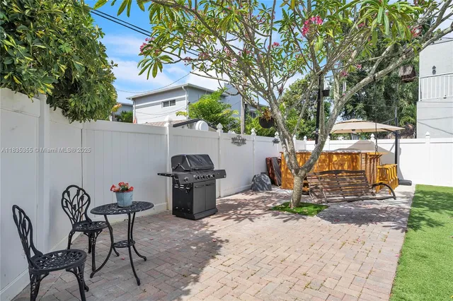 a backyard of a house with table and chairs