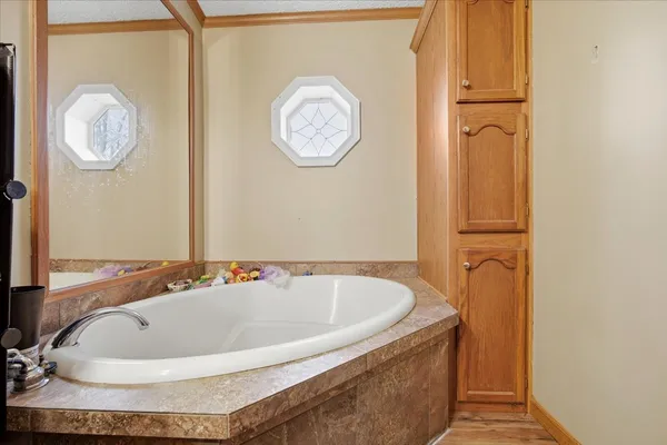 a bathroom with a bathtub and a shower