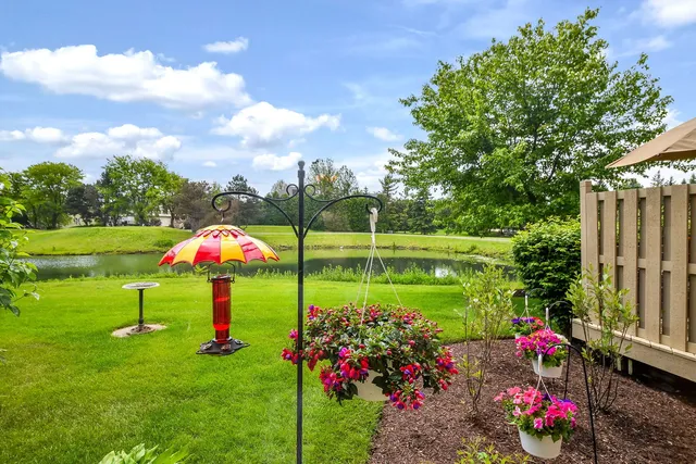 a view of a garden with sitting area