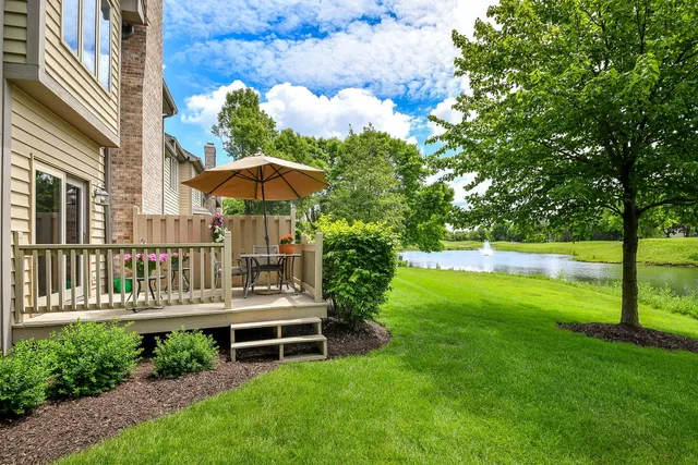 a view of a chair and table in the garden