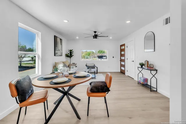 a view of a dining room with furniture window and wooden floor