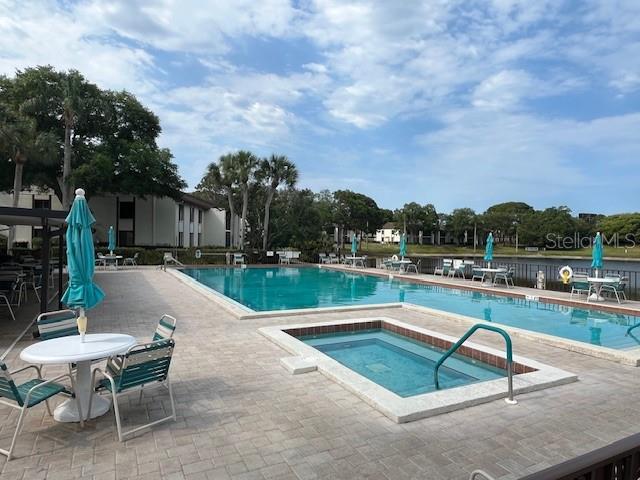 1725 Pine Ridge Way East, Unit C Palm Harbor, FL 34684 - Photo 23 of 28 a swimming pool with outdoor seating and barbeque oven
