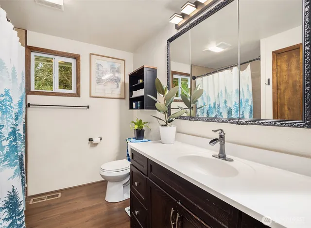 a bathroom with a double vanity sink toilet and a mirror