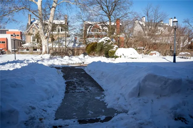 a view of a yard with snow on the road