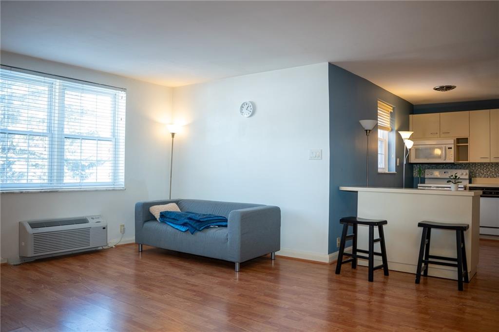 5025 Fifth Avenue, Unit 3F Pittsburgh, PA 15232 - Photo 4 of 22 a living room with stainless steel appliances kitchen island granite countertop wooden floor and a window