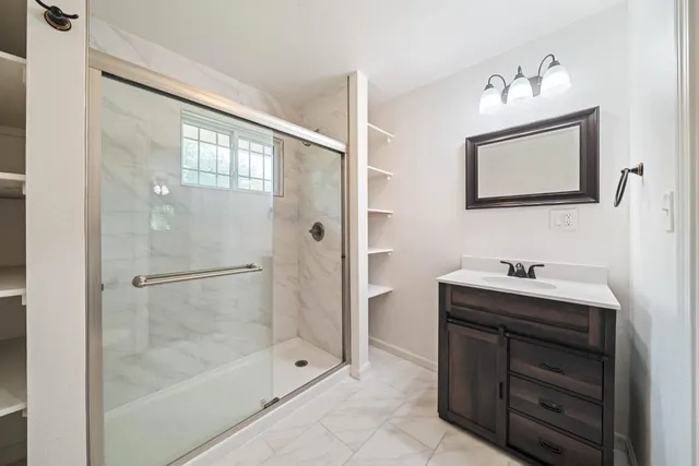 a bathroom with a sink a mirror and a shower