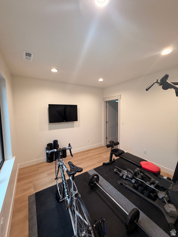 3626 Riverstone Road Mapleton, UT 84664 - Photo 46 of 58 Workout area featuring light wood-style floors and recessed lighting