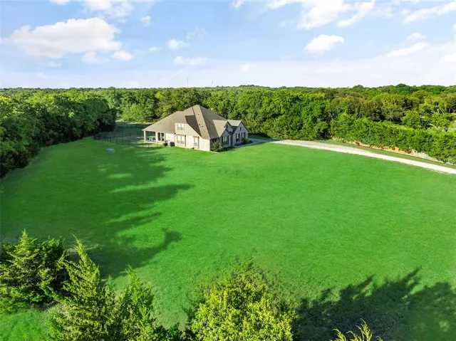 a view of a house with a big yard potted plants and large tree