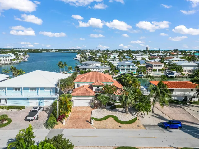 an aerial view of residential houses with outdoor space and trees