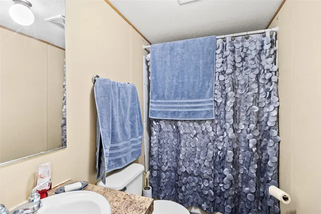 a bathroom with a toilet and a shower curtain
