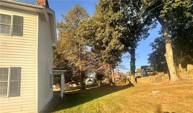 a view of a yard with snow on the roadside