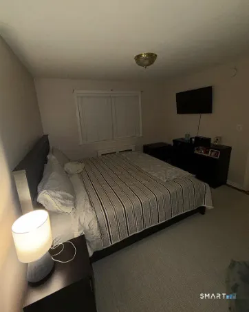 a bedroom with a bed and a flat screen tv