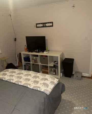 a bedroom with a bed and flat screen tv