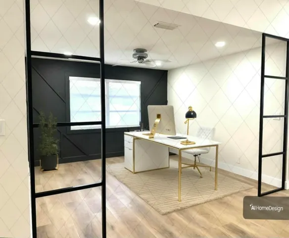 a workspace with furniture and window