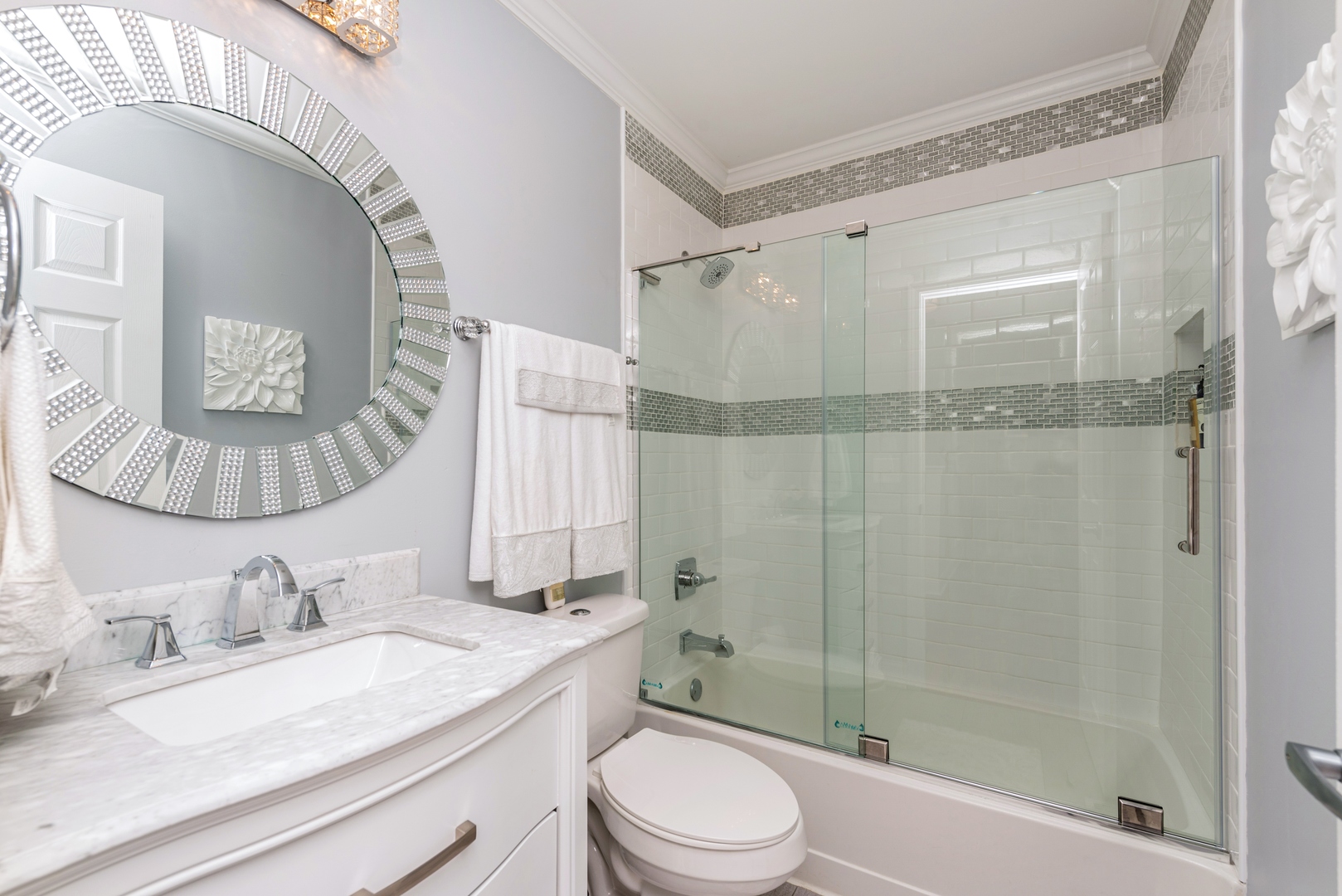 10767 Cape Cod Lane Huntley, IL 60142 - Photo 11 of 14 a bathroom with a granite countertop sink toilet a mirror and shower