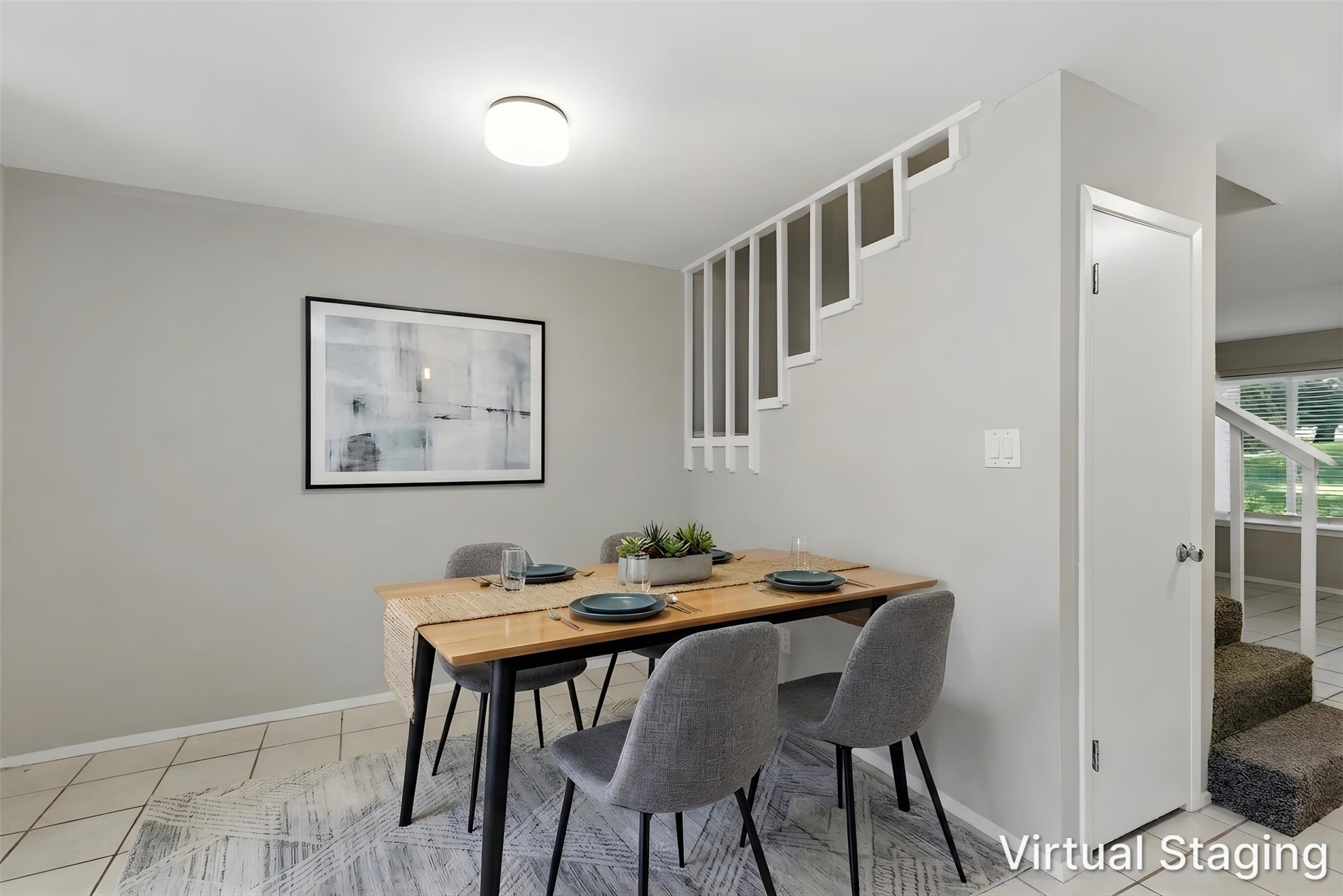 4204 Hudson Bend Road, Unit B Austin, TX 78734 - Photo 11 of 37 Dining area featuring light gray walls, tile flooring, and a modern ceiling light fixture