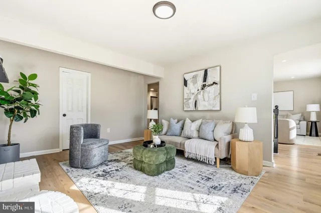 a living room with furniture potted plant and wooden floor