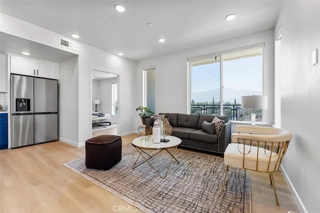 a living room with furniture potted plant and a large window