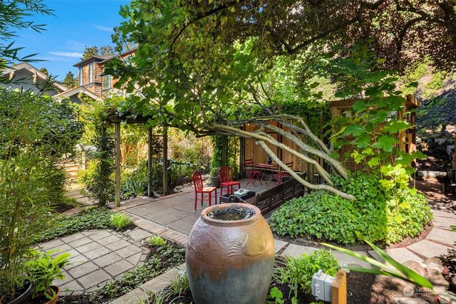 a view of a backyard with garden and plants