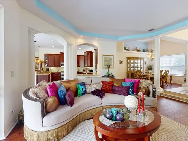 a view of a dining room with furniture