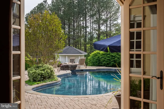 a view of swimming pool with outdoor seating and plants