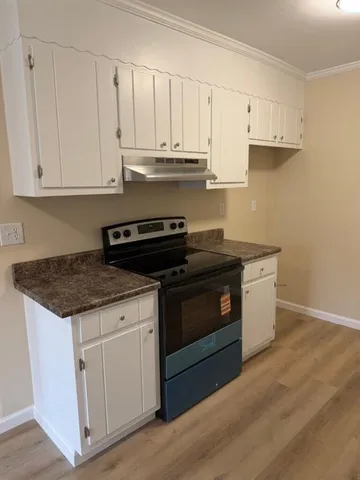 a kitchen with stainless steel appliances granite countertop a stove a sink and white cabinets