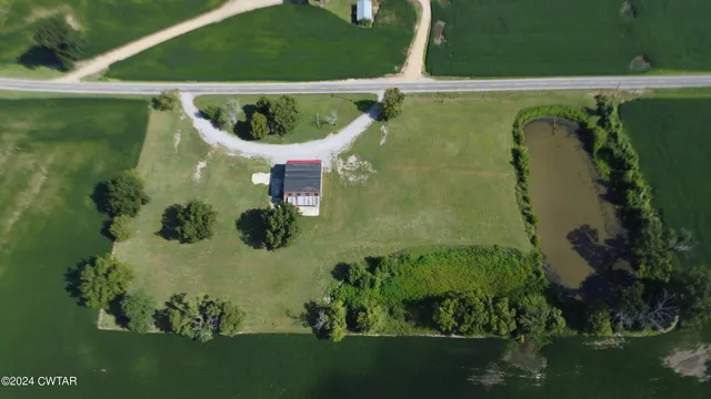 an aerial view of a swimming pool