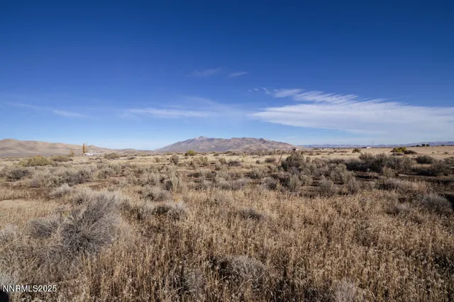 a view of a dry yard with mountains in the background