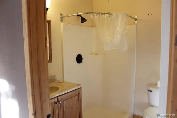 a bathroom with a shower and a sink