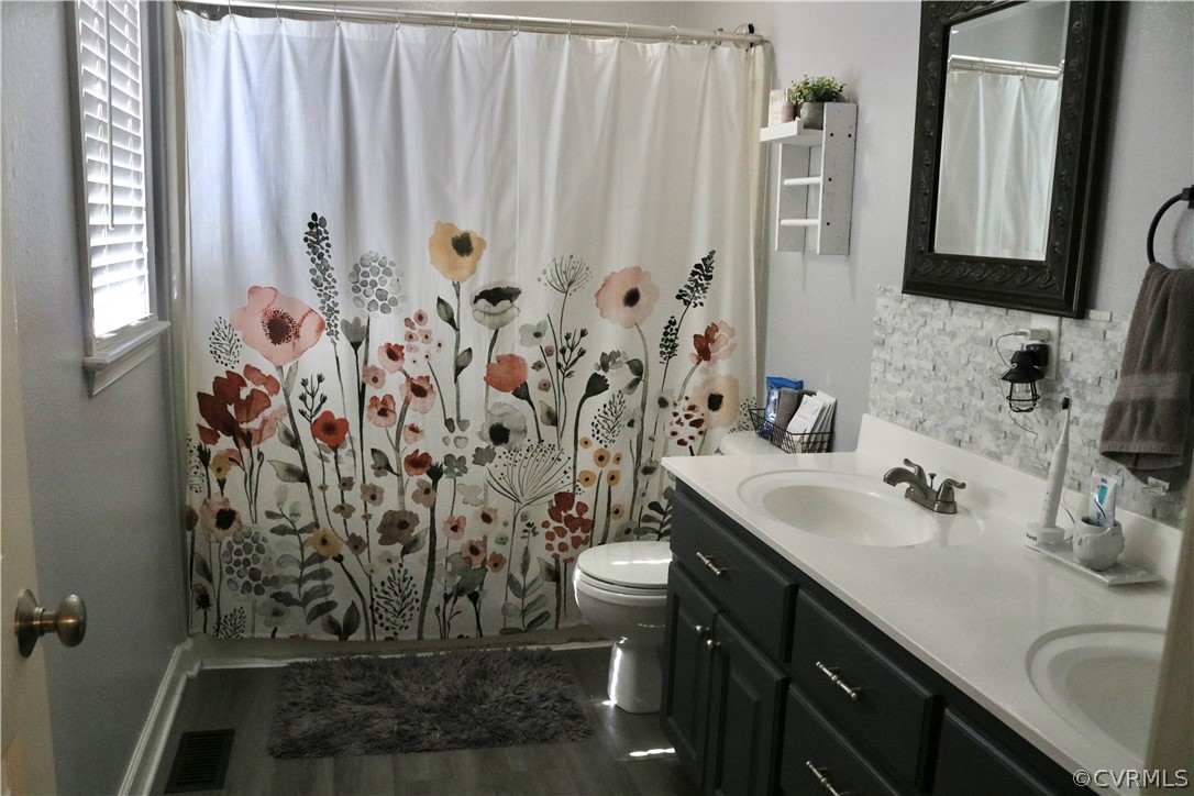 20434 Horseshoe Road Carson, VA 23830 - Photo 9 of 28 a bathroom with a granite countertop sink a toilet and a mirror