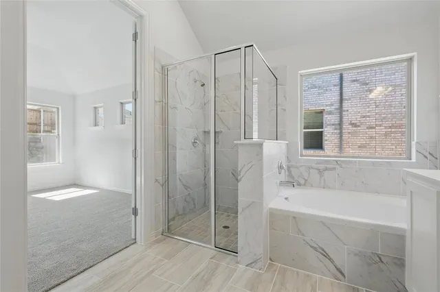 a bathroom with a shower and a tub