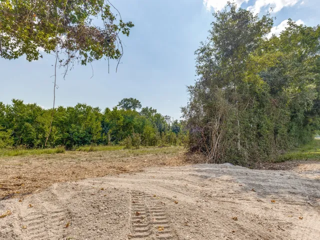 a view of dirt field with trees