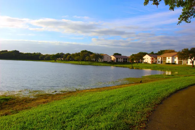 an aerial view of a house with swimming pool and garden