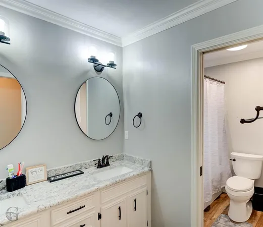 a bathroom with a granite countertop sink mirror vanity and toilet