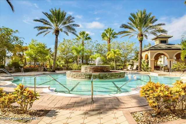 a view of a swimming pool with a chair and potted plants