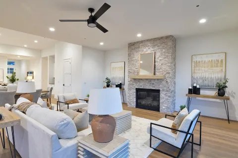 a living room with furniture and a fireplace