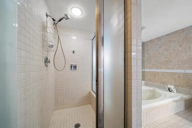a bathroom with a bath tub and shower
