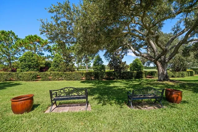 a view of a bench in the garden near a lake