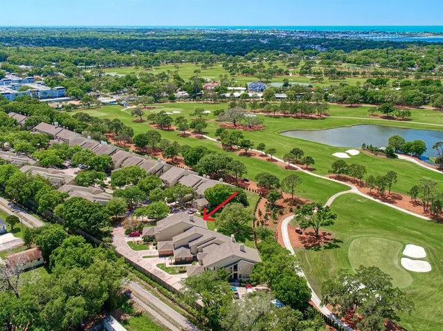an aerial view of residential houses with outdoor space and trees