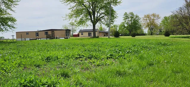 a view of a house with backyard and trees
