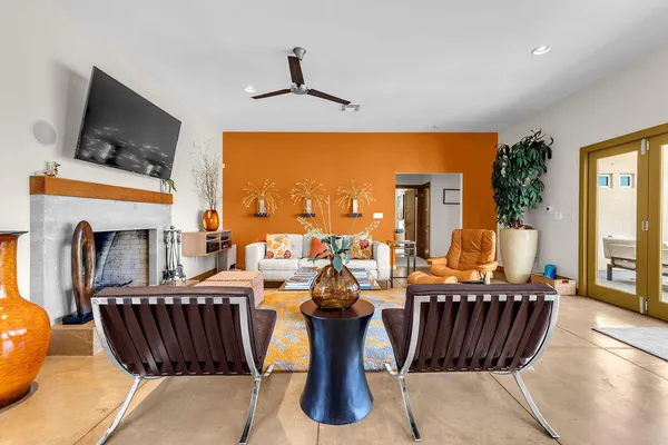 a view of a dining room with furniture