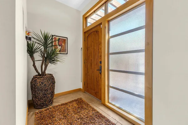 a living room with large window