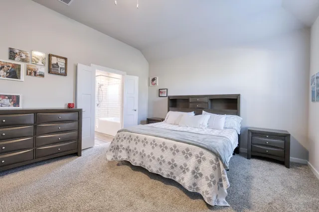 a bedroom with a bed and a dressers