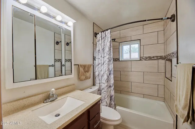 a bathroom with a bathtub shower sink vanity and toilet