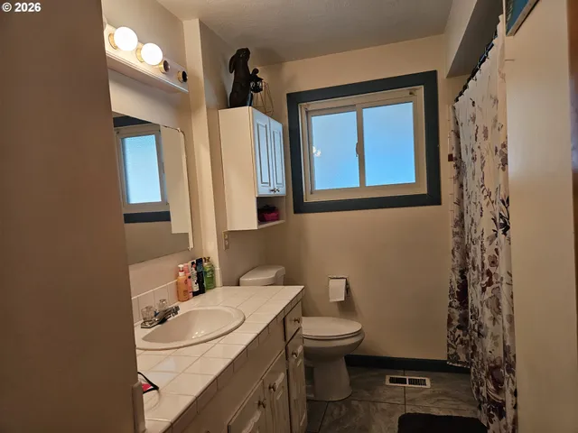 a bathroom with a sink a toilet and mirror