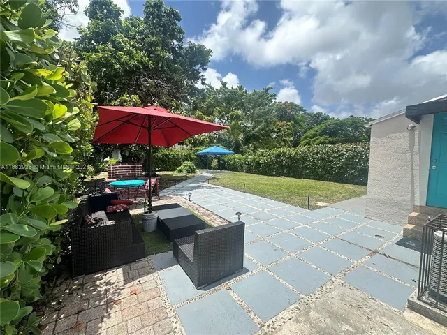 a view of backyard with seating space