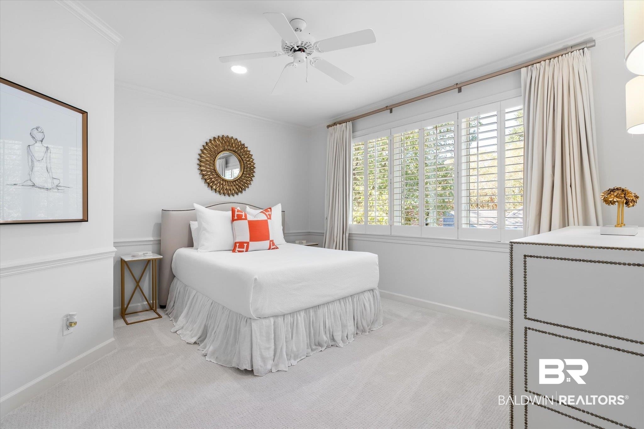 320 Long Court Mobile, AL 36608 - Photo 37 of 61 Bedroom with ceiling fan, crown molding, and light carpet