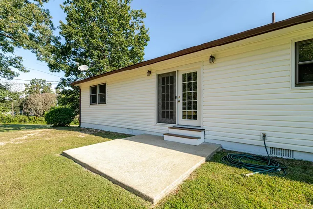 a view of a backyard with a large tree