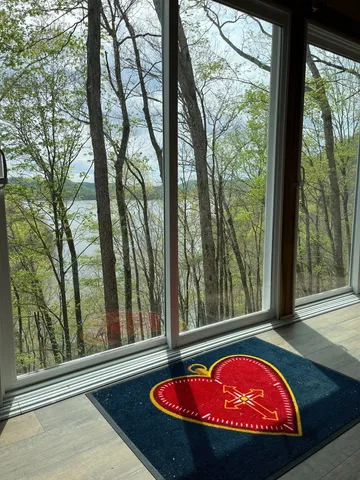a view of swimming pool from a window