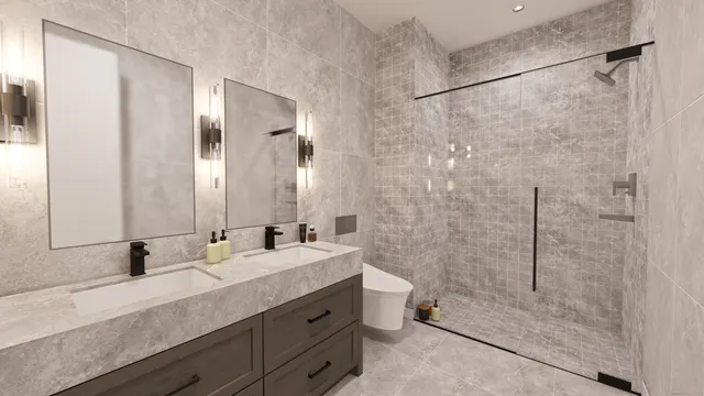 a bathroom with a double vanity sink mirror and shower